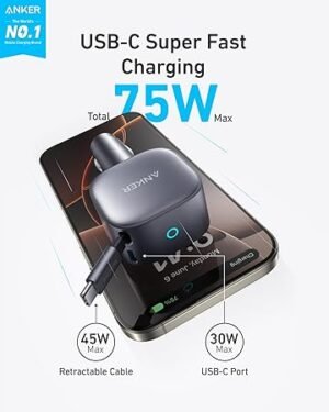 Anker USBC Car Charger 75W Max UltraCompact TypeC Fast Car Charger with Builtin Retractable Cable Car Adapter for iPhone 1514 Series Samsung S24S23 MacBookProAir iPad and More