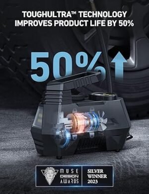 AstroAI Tire Inflator Portable Air Compressor Tire Air Pump for Car Tires Car Accessories 12V DC Auto Pump with Digital Pressure Gauge Emergency LED Light for Bicycle Balloons Yellow